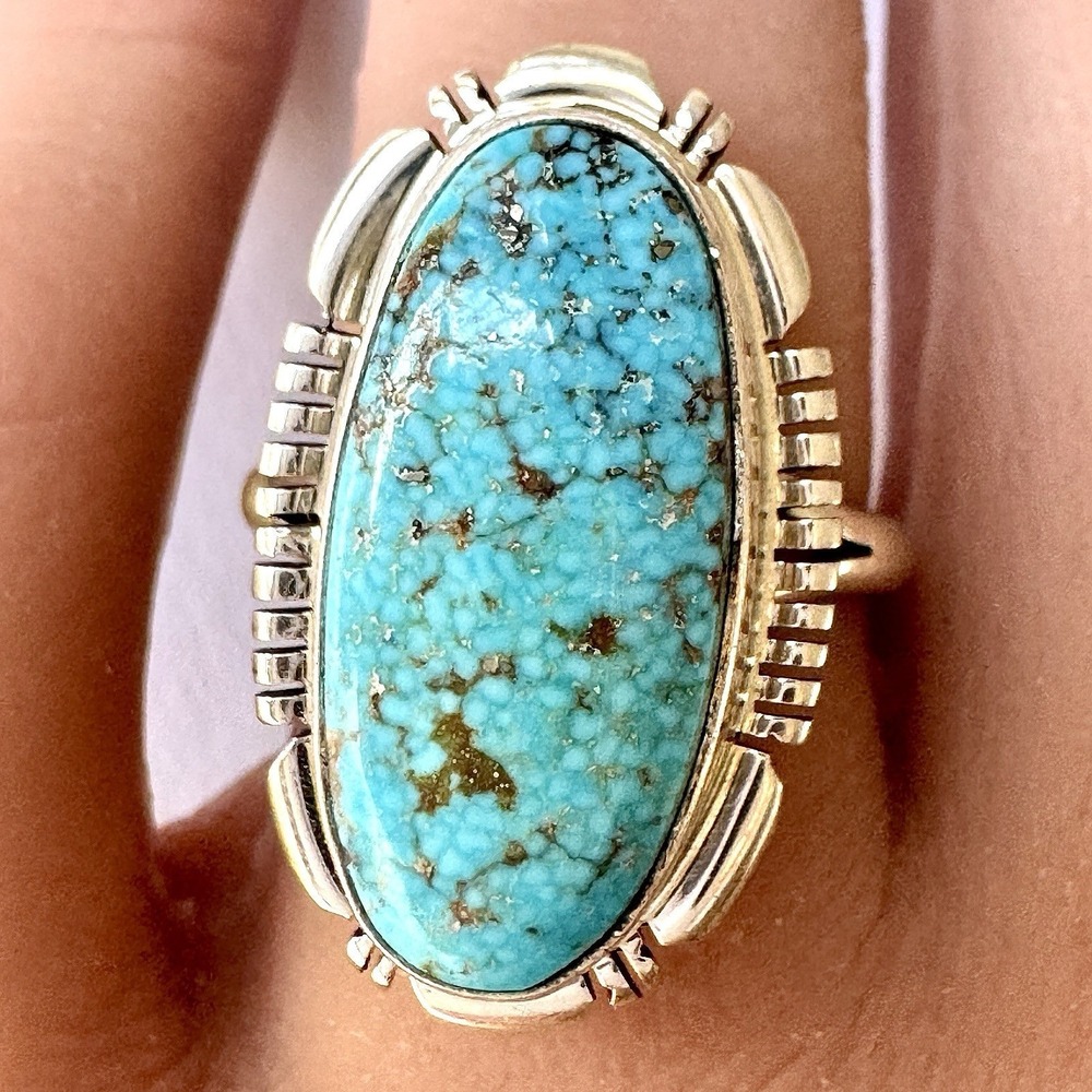Navajo Sonoran Gold Turquoise Ring Sz 9 Sterling Norvin Johnson Shine Fluted - Picture 2 of 12